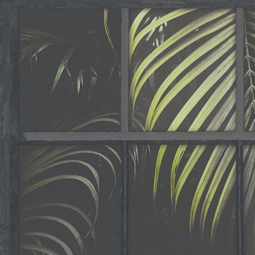             Tapete Fenster Dschungel Aussicht, 3D-Effekt – Grau, Grün, Schwarz
        