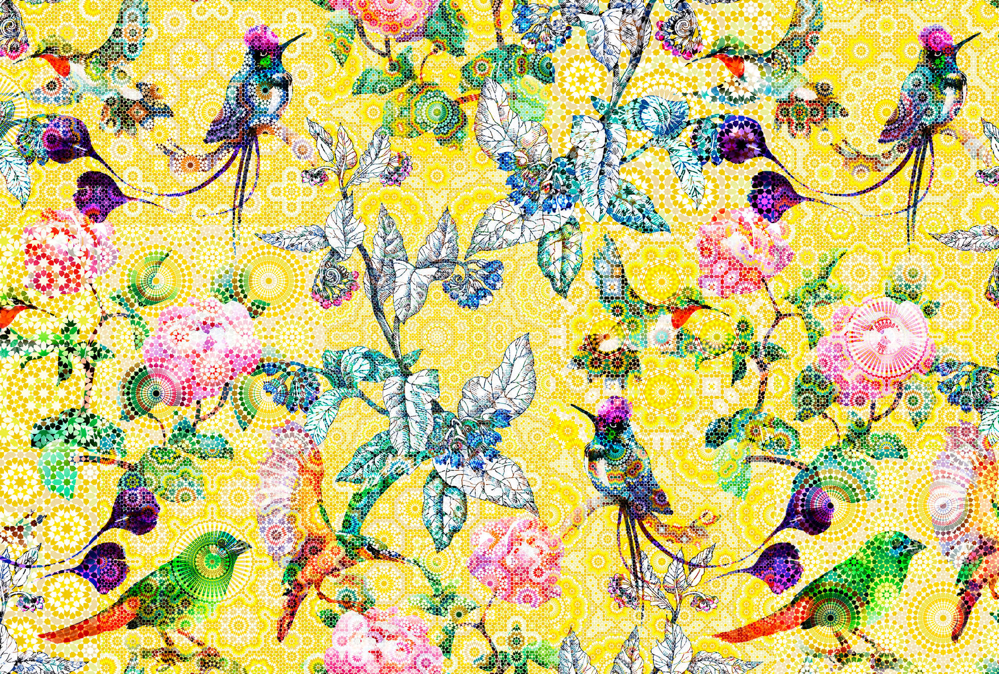             Fototapete exotisches Blumen Mosaik – Gelb, Grün
        