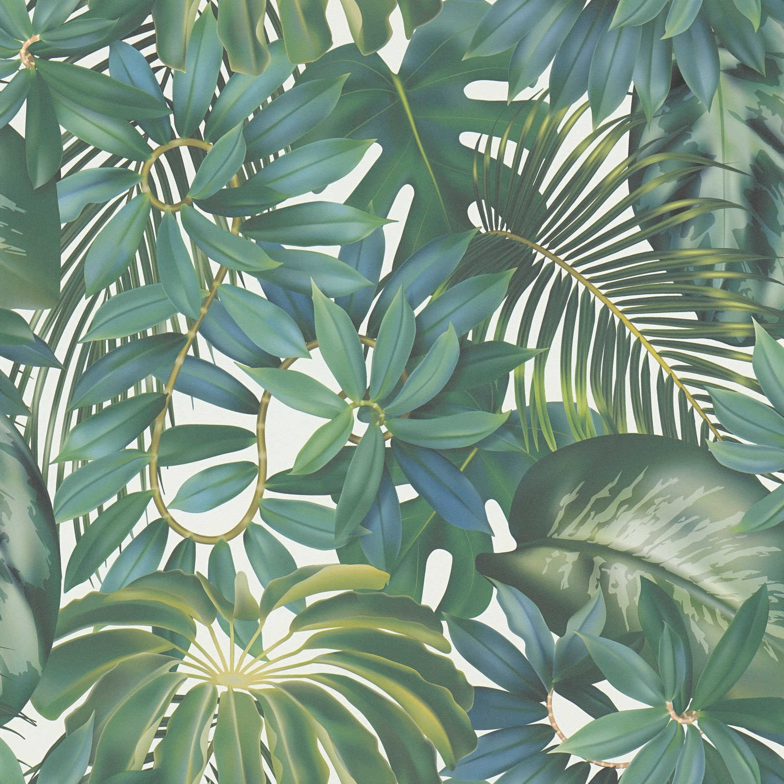Blätter-Tapete Dschungel Muster – Grün, Creme
