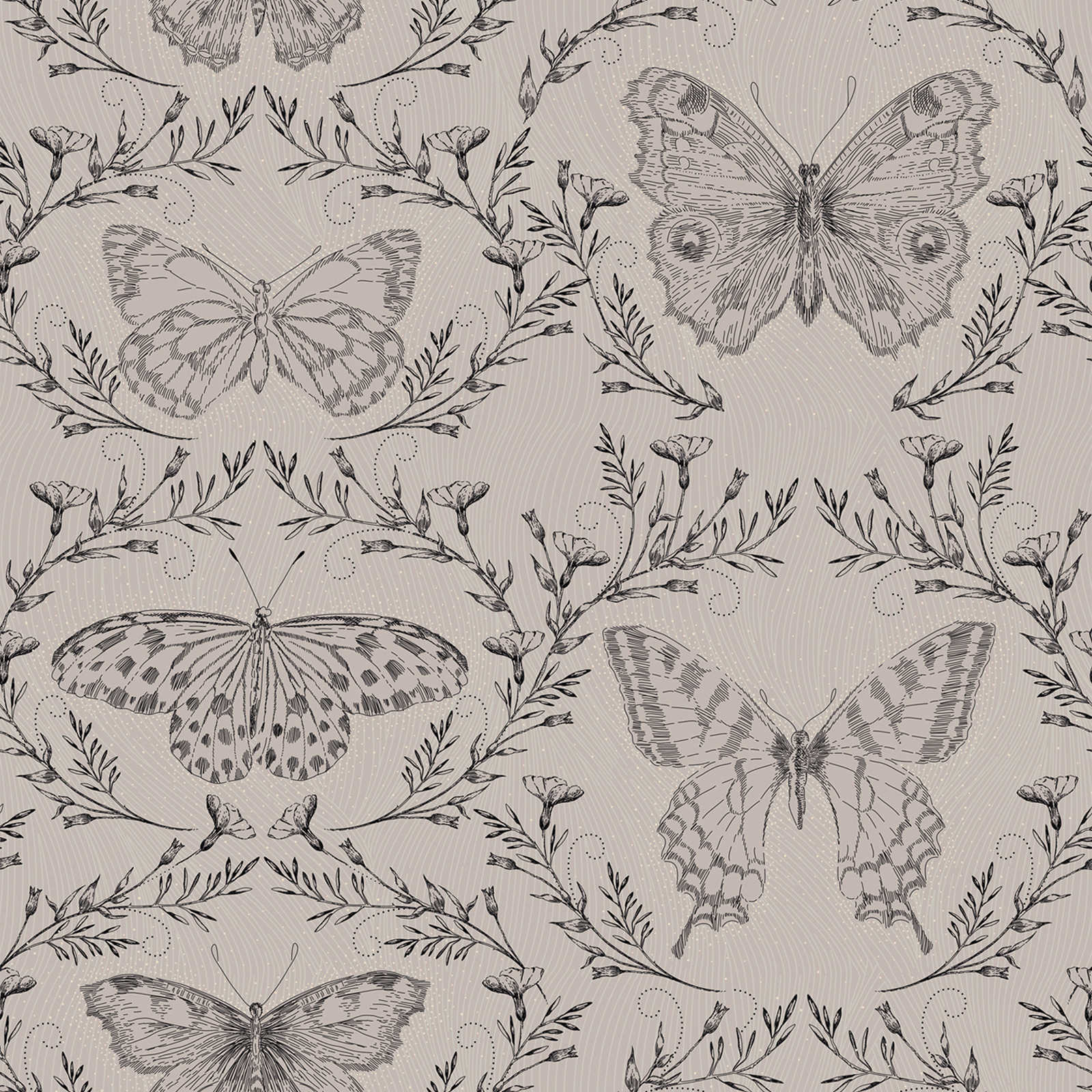             Schmetterlings Tapete mit Ranken im dunklen Design – Grau, Greige, Schwarz
        