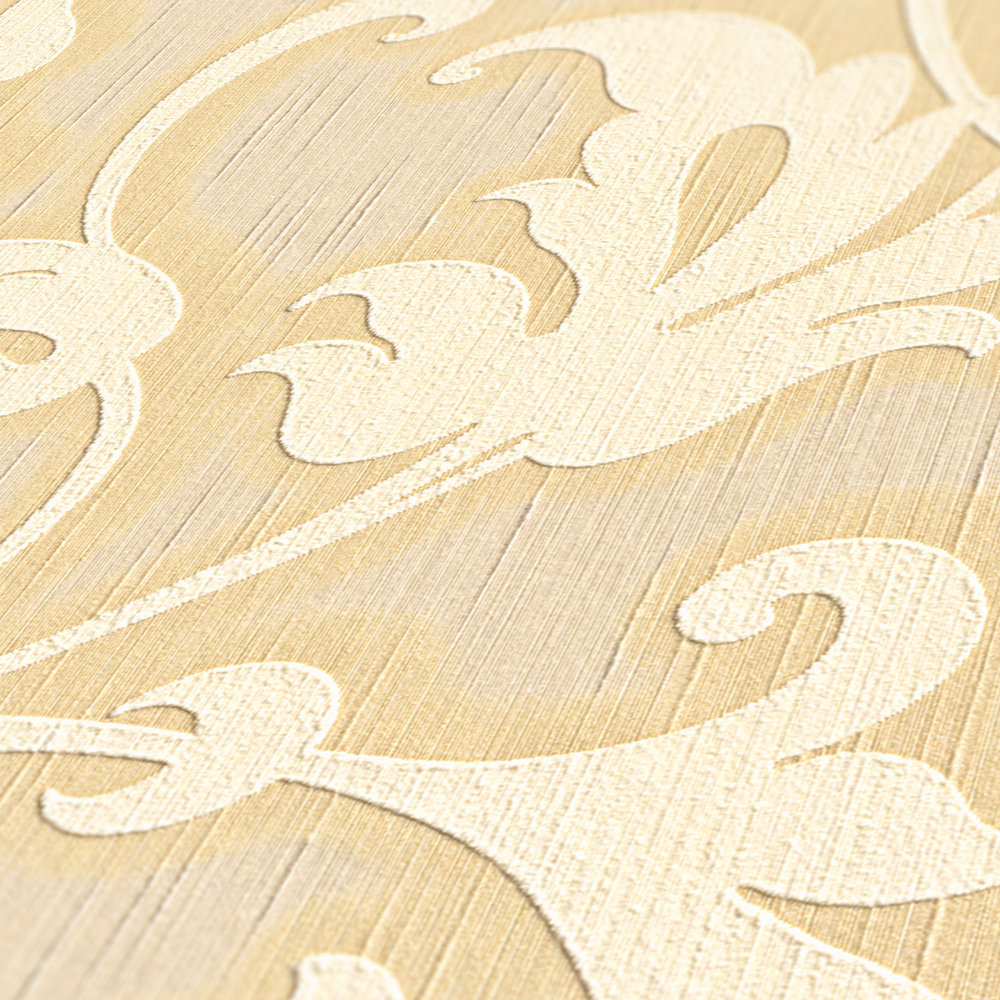             Barocktapete mit Textilstruktur & Prägemuster – Gelb, Gold
        