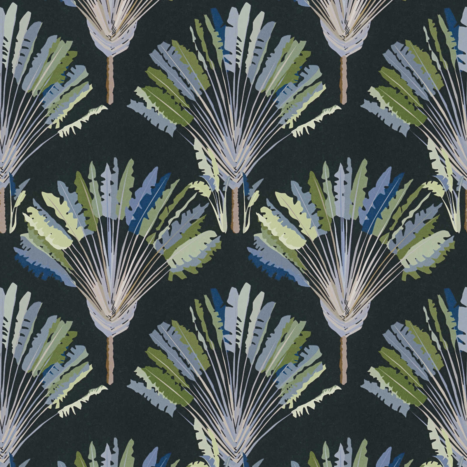 Dunkle Tapete Palmen Design mit Musterdruck – Grün, Schwarz, Blau
