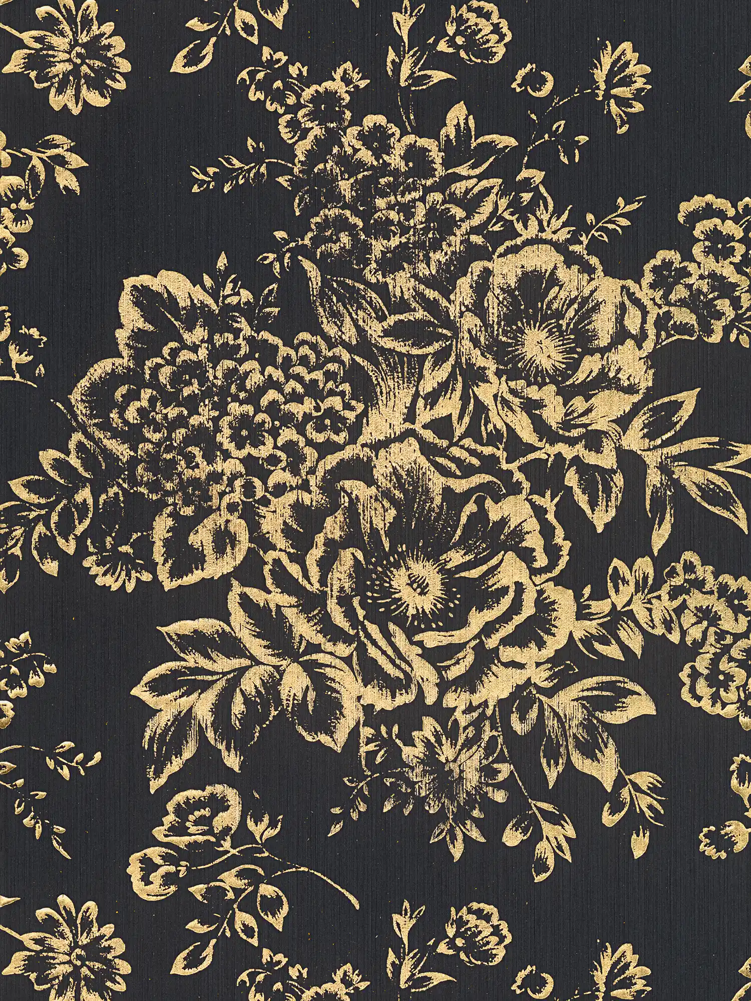 Strukturtapete mit goldenem Blütenmuster – Gold, Schwarz
