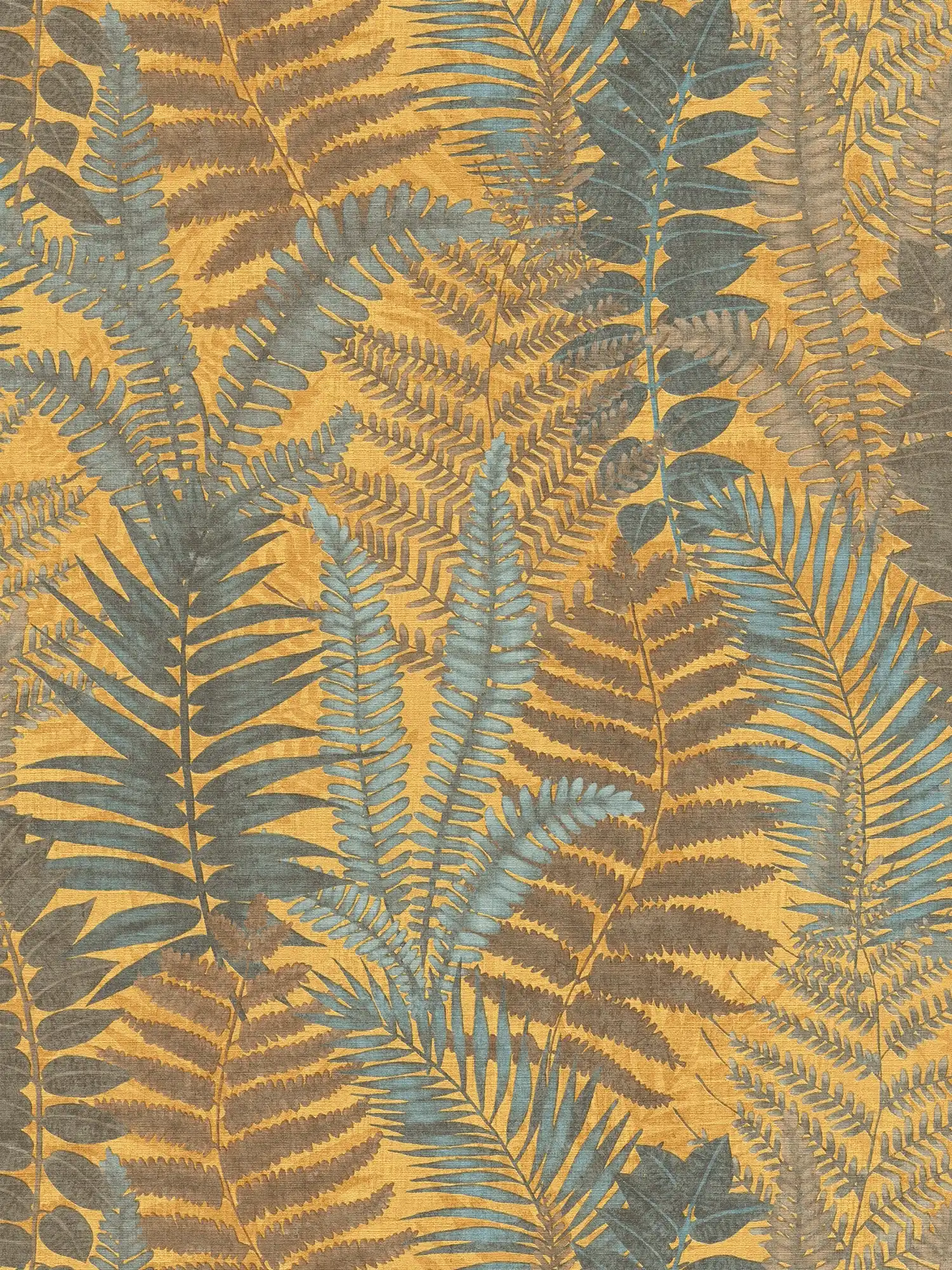        Tapete im floralen Stil mit Farnblättern leicht strukturiert, matt – Gelb, Blau, Braun
    