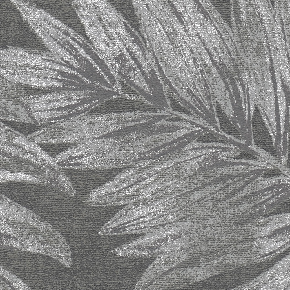             Florale Vliestapete mit Dschungel Bemusterung – Anthrazit, Grau, Silber
        