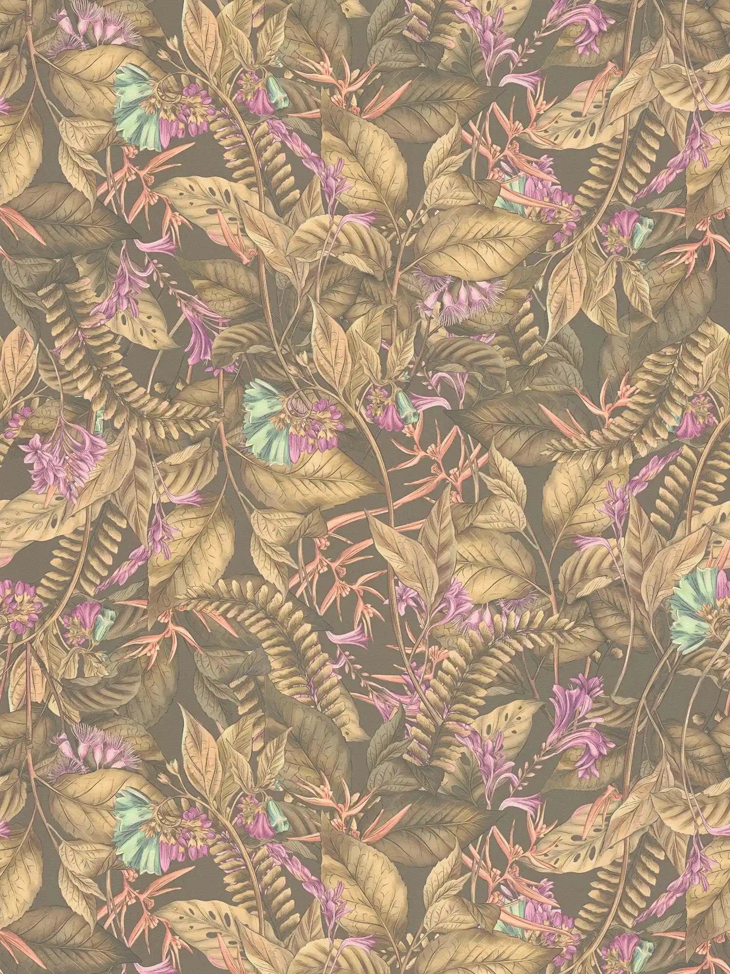 Florale Tapete mit Blüten & Blättern strukturiert matt – Braun, Beige, Lila
