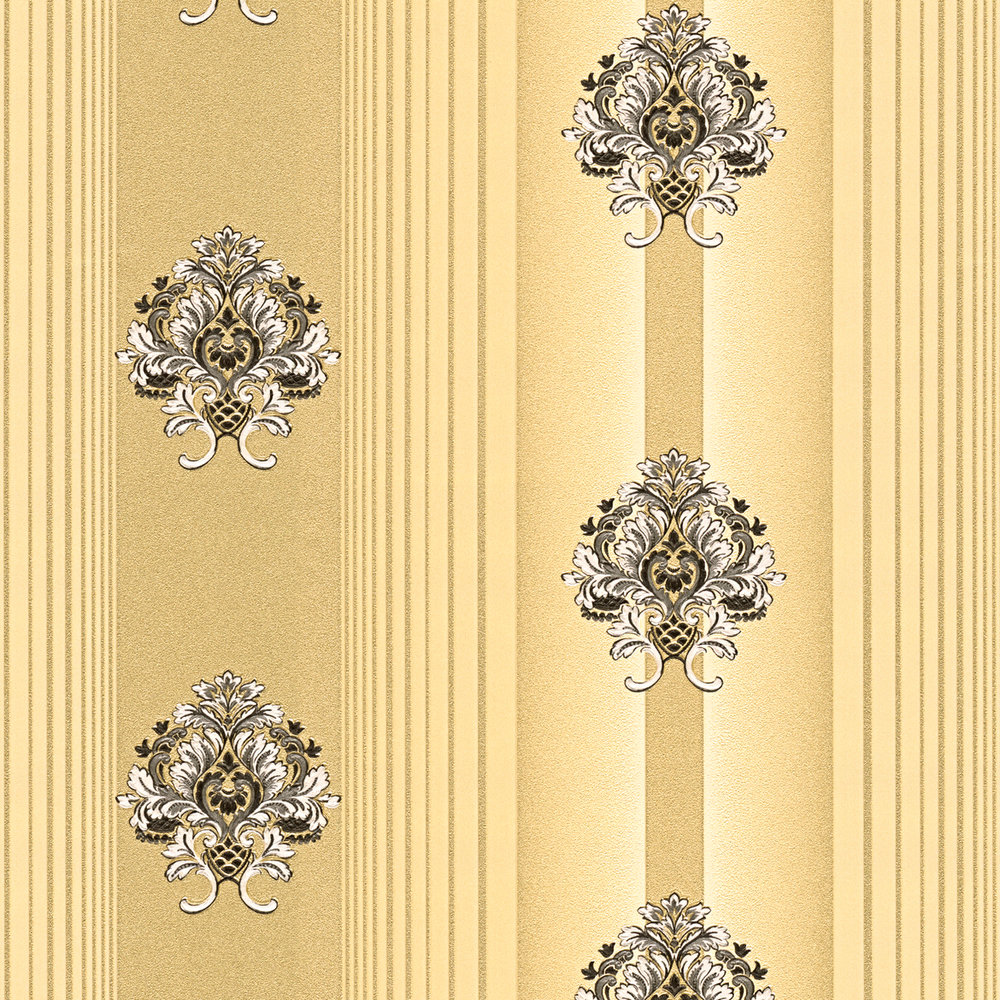             Klassik Tapete mit Ornament & Streifenmuster – Braun, Metallic
        