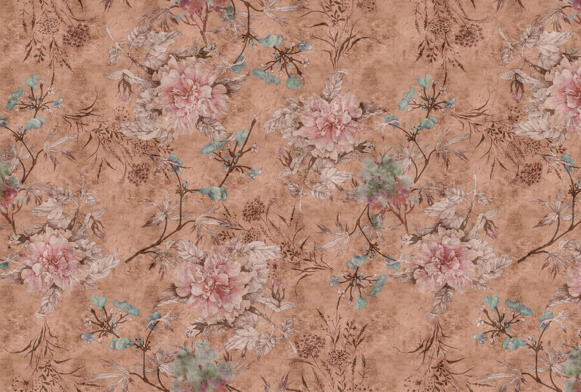             Tenderblossom 3 - Digitaldrucktapete Blüten-Muster im Vintage Stil – Rosa, Rot | Struktur Vlies
        