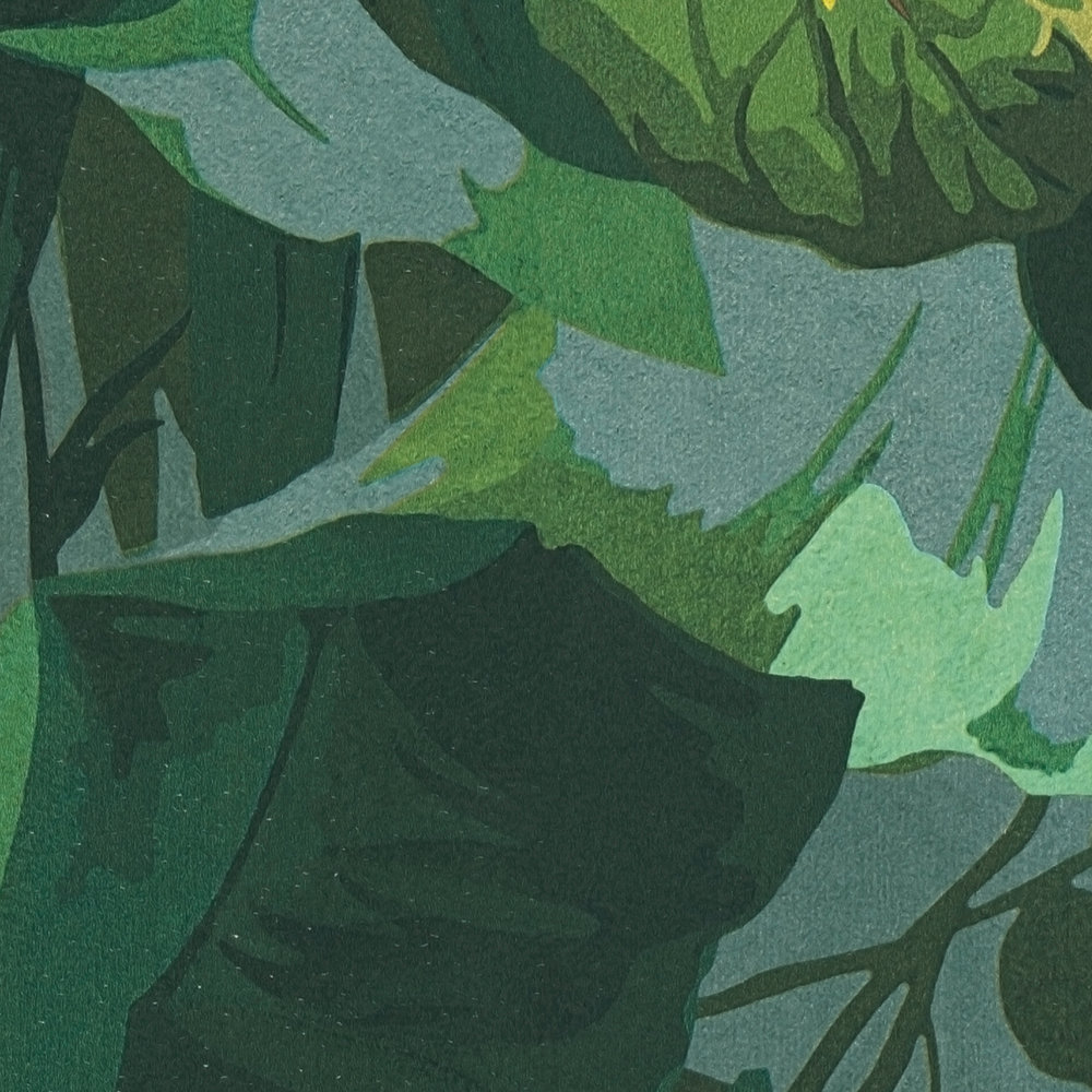             Selbstklebende Tapete | Dschungeltapete mit Blätterwald – Grün, Blau, Gelb
        