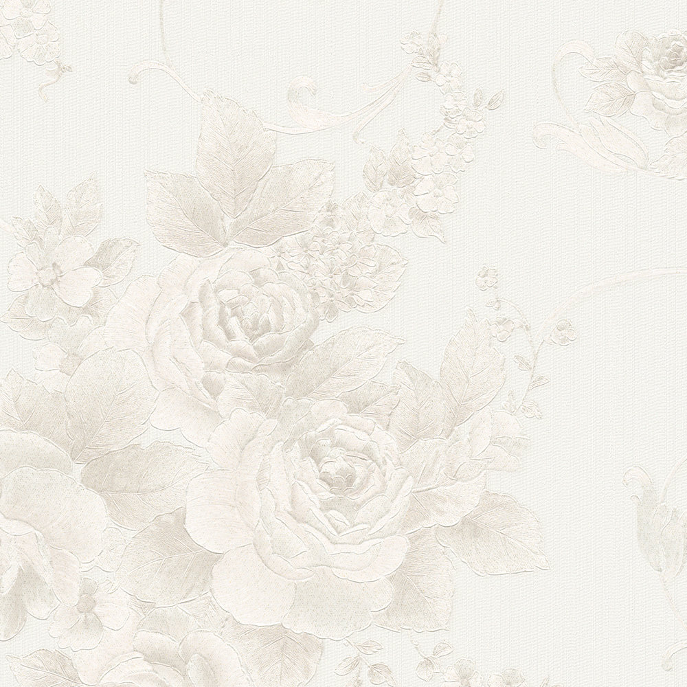             Rosenblüten-Tapete mit Metallic-Effekt im Landhausstil – Grau, Bronze, Weiß
        