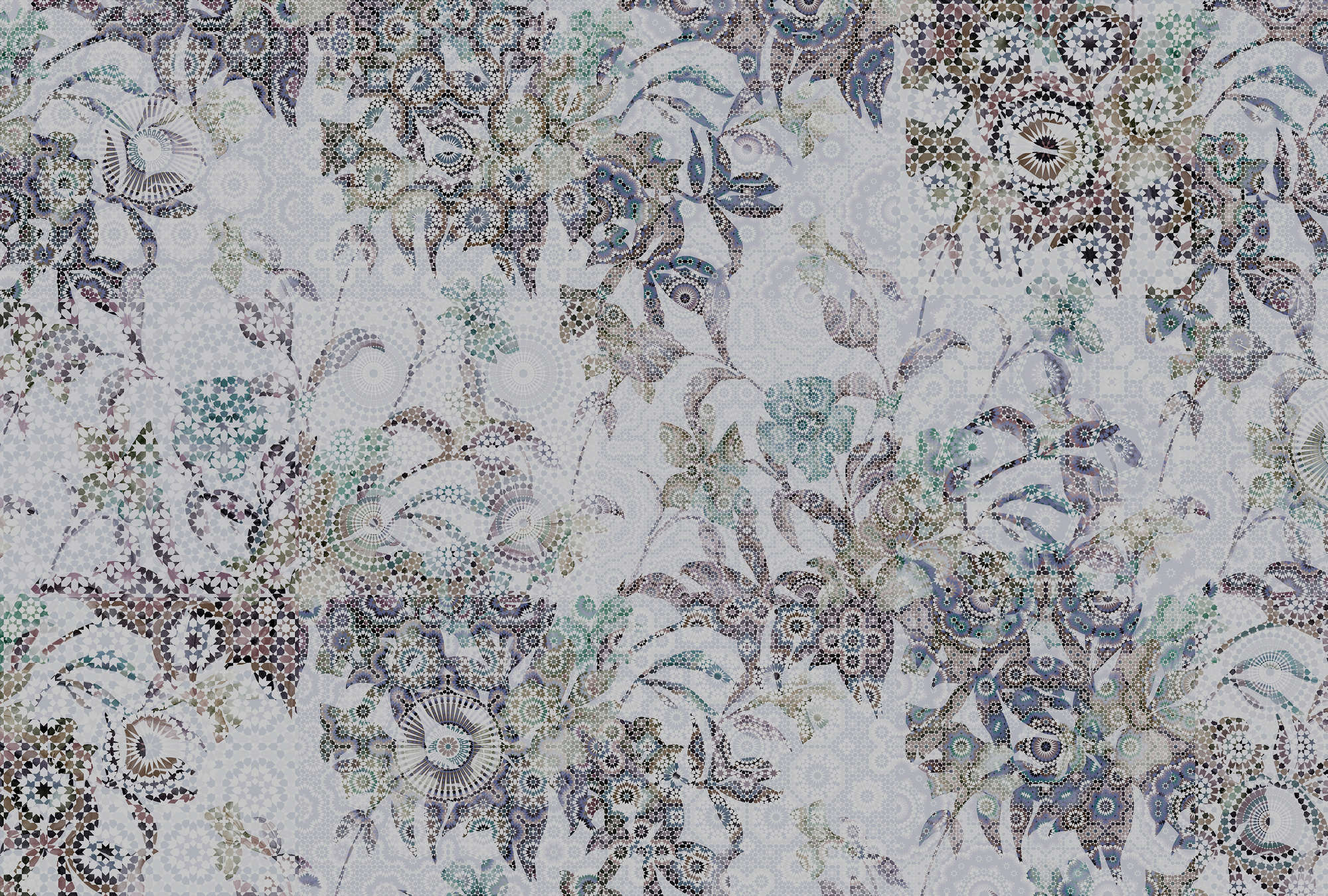             Mosaik Fototapete mit floralem Blättermuster in Grau
        