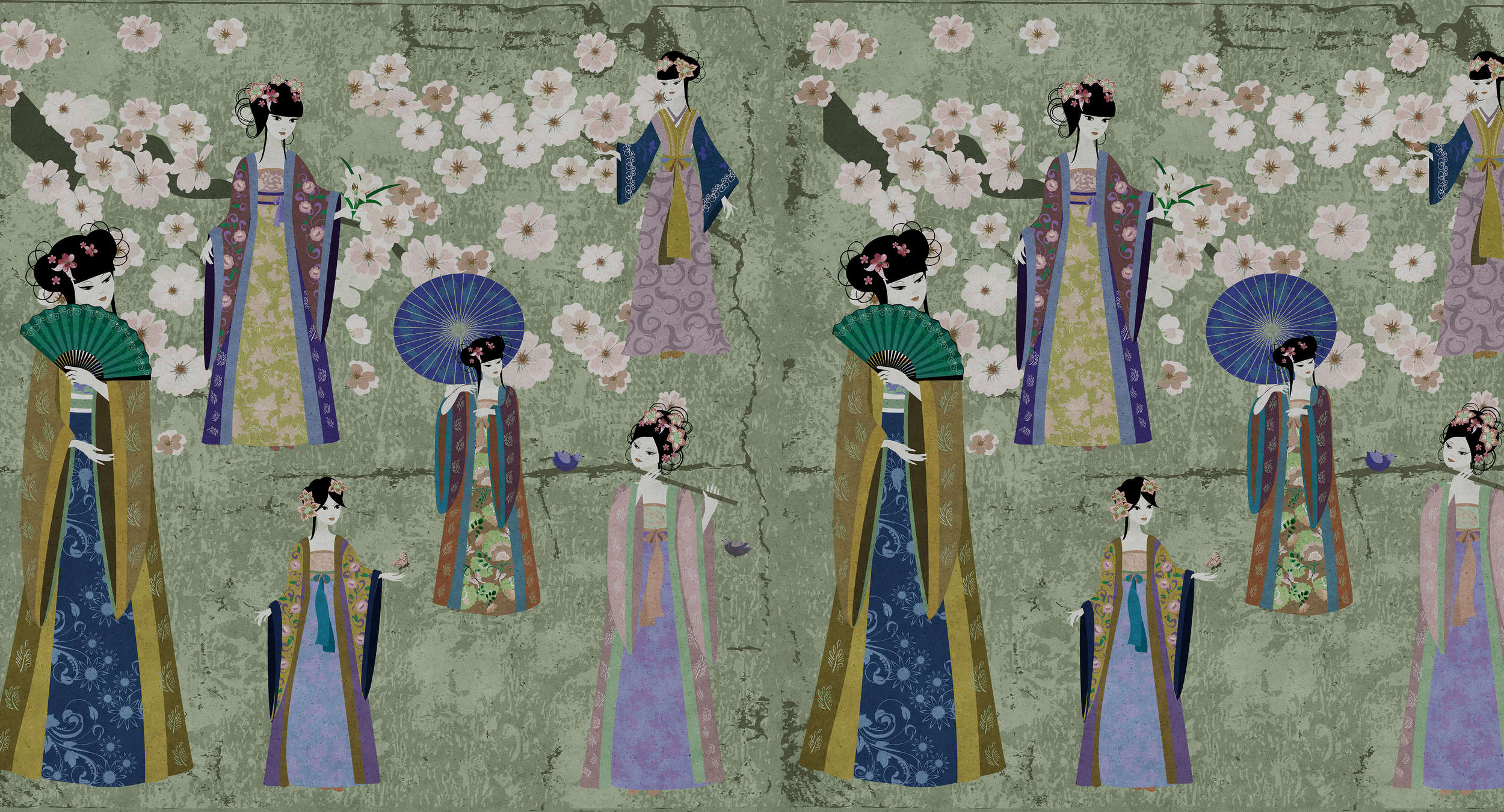             Fototapete Japan Comic mit Kirschblüten – Grün, Blau
        