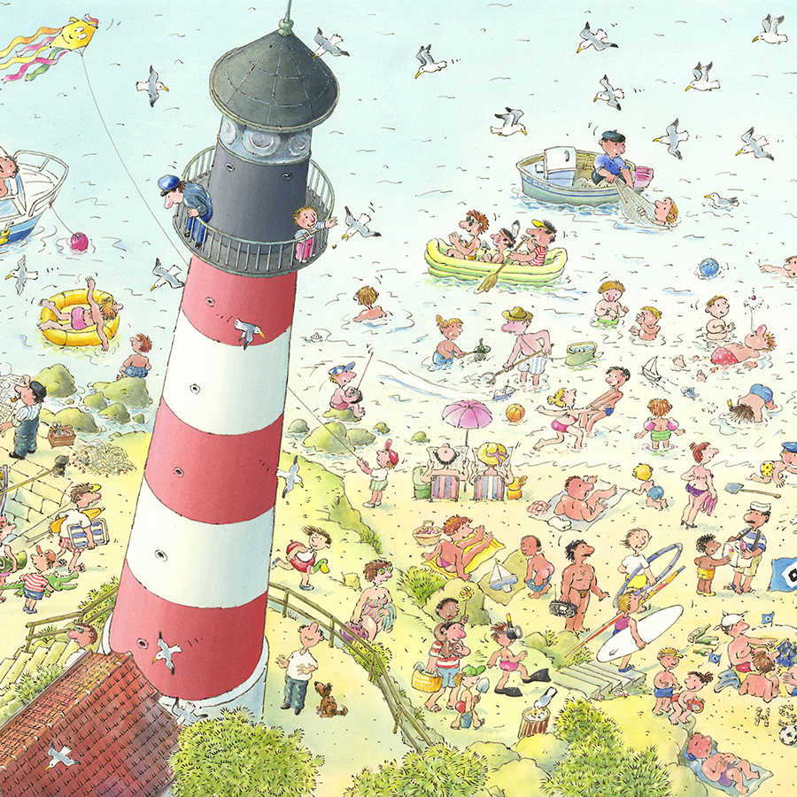 Kinder Fototapete Strand mit Badegästen und Leuchtturm auf Perlmutt Glattvlies
