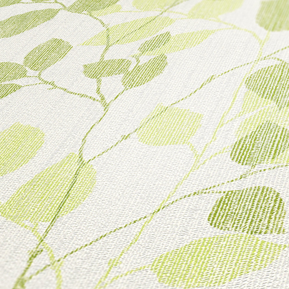             Mustertapete Blätter in Frühlingsfarben – Grün, Weiß
        