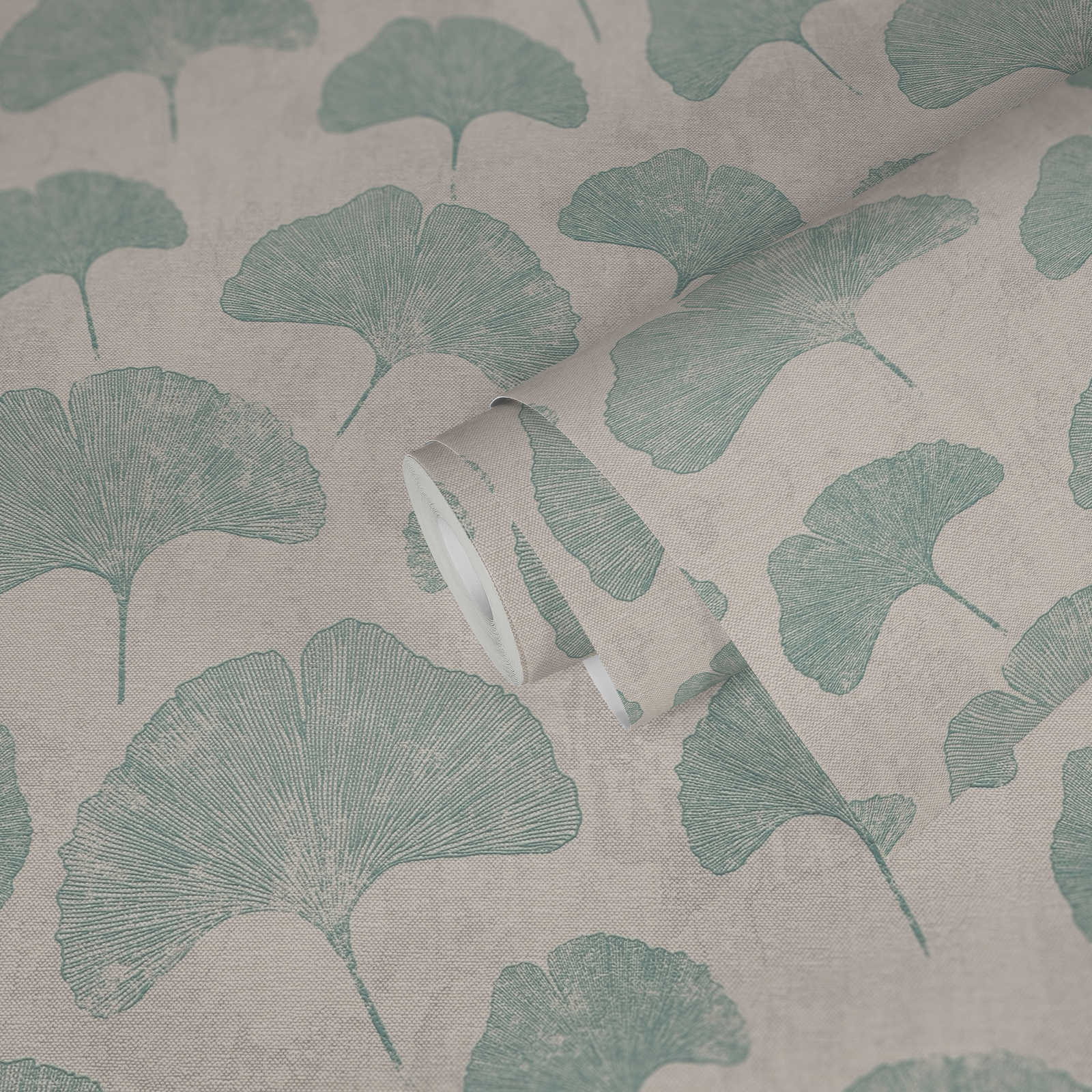             Blätter-Tapete floral matt strukturiert – Grau, Weiß, Mint
        
