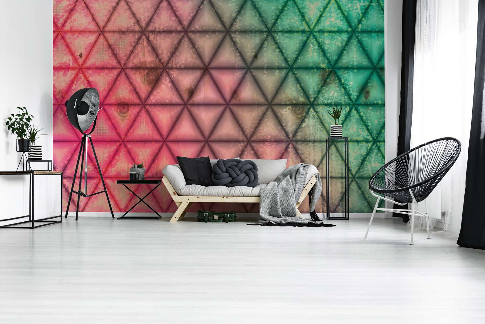             Fototapete geometrisches Dreiecks Muster in Holzoptik – Grün, Pink
        