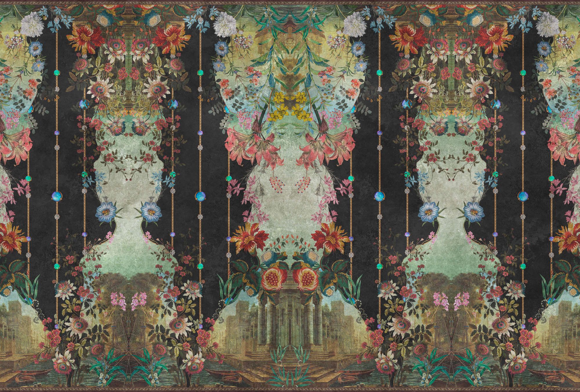            Fototapete »ophelia« - Ornamentvertäfelung mit Blütendesign auf Vintage-Putzstruktur – Glattes, leicht perlmutt-schimmerndes Vlies
        