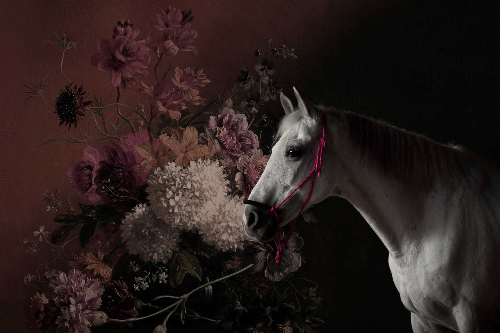             Leinwandbild Pferde Portrait mit Blumen – 0,90 m x 0,60 m
        