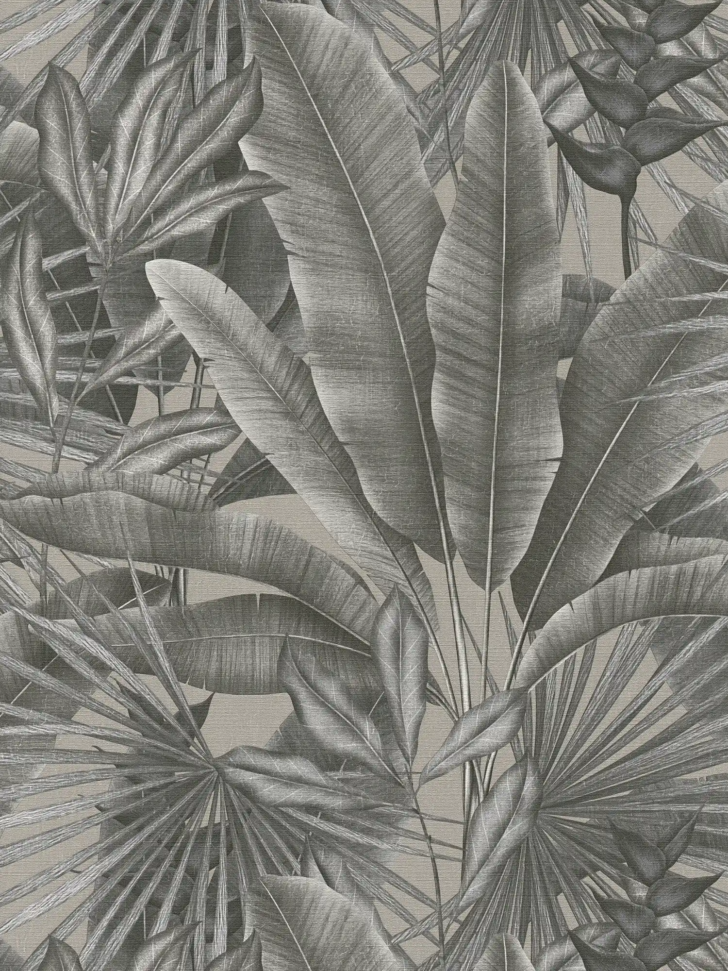         Vliestapete mit Blätterbemusterung im Dschungelmuster – Grau, Beige, Schwarz
    