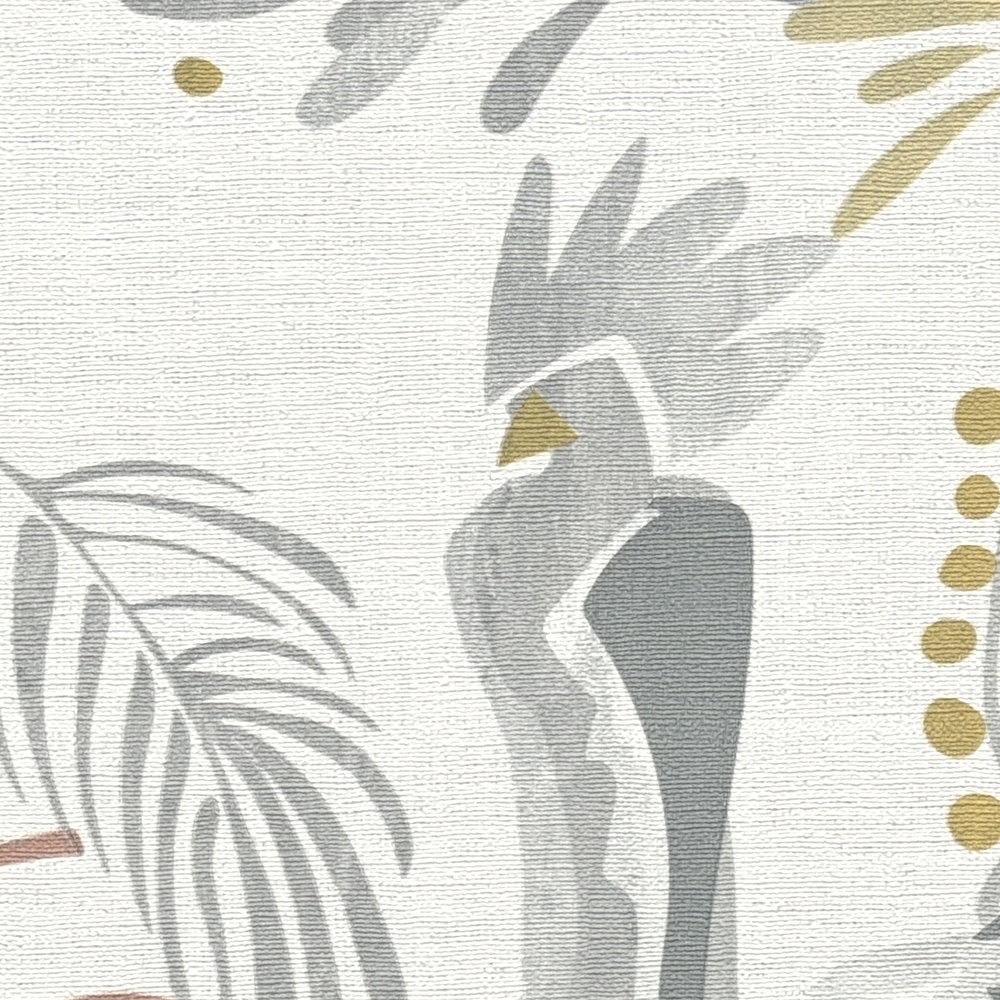             Dschungeltapete mit Palmblättern & Vögeln in Leinenoptik – Grau, Gold
        