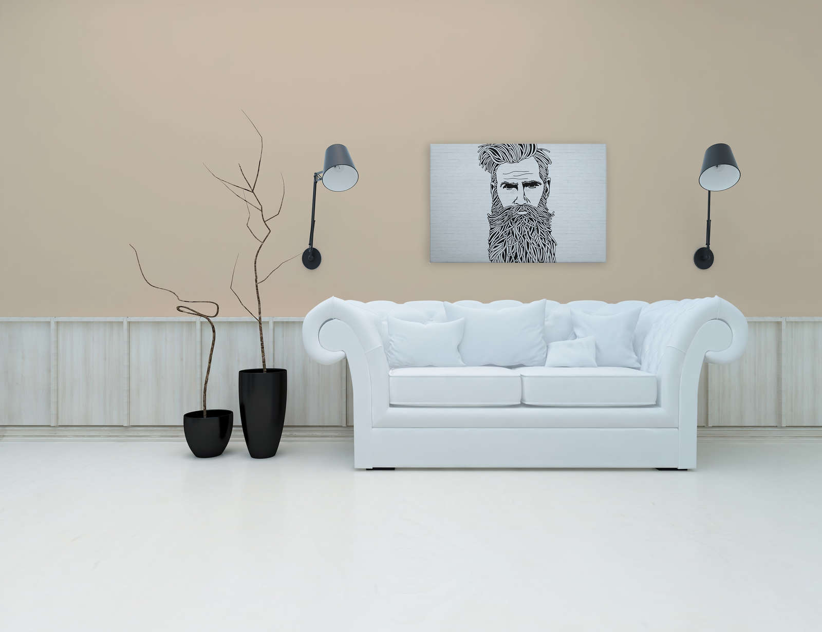             Weißes Leinwandbild Steinoptik mit Männer Portrait im Zeichenstil – 0,90 m x 0,60 m
        