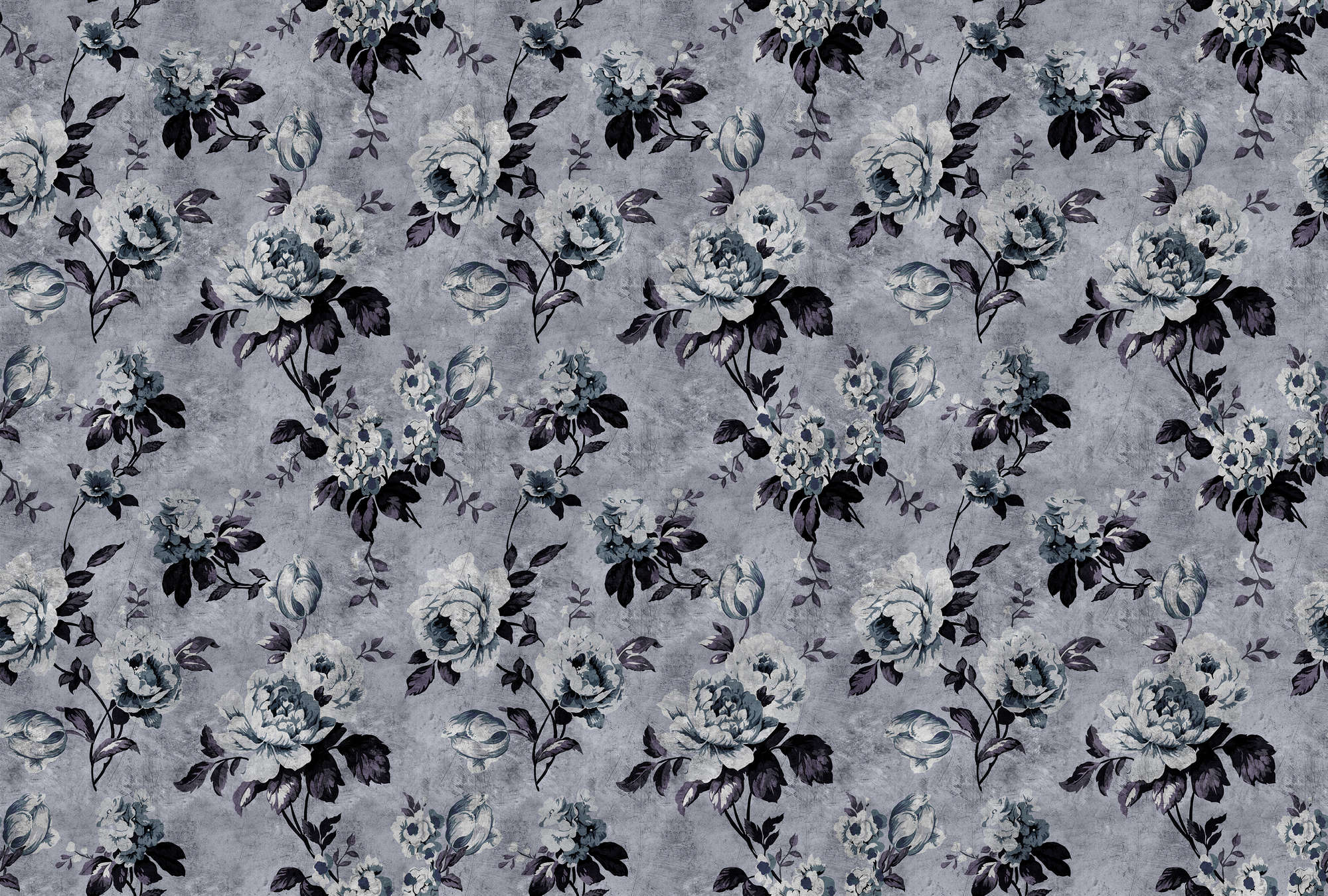             Wild roses 6 - Rosen Fototapete im Retrolook, Grau in kratzer Struktur – Blau, Violett | Mattes Glattvlies
        