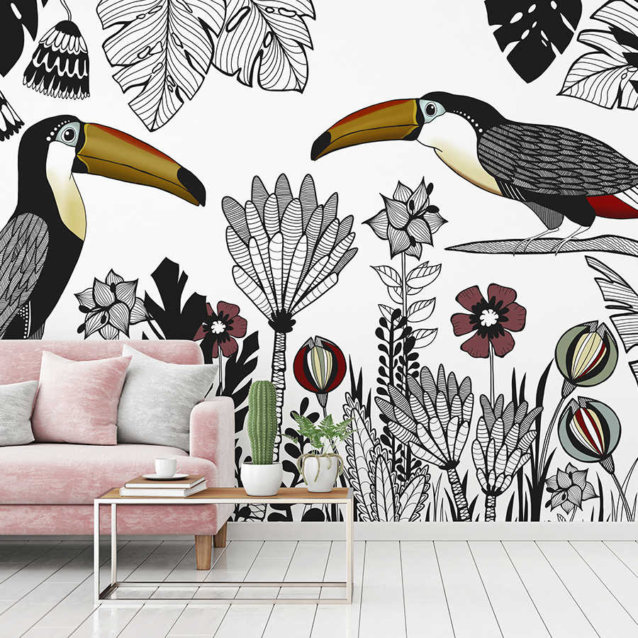 Vogel Fototapete Tukan mit tropischem Muster im Zeichenstil
