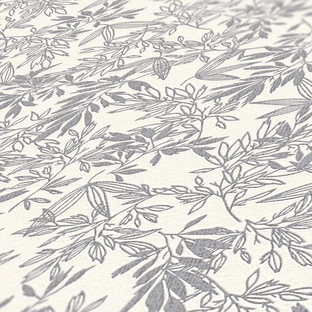             Florale Tapete mit Blätter Muster in matt – Grau, Weiß
        