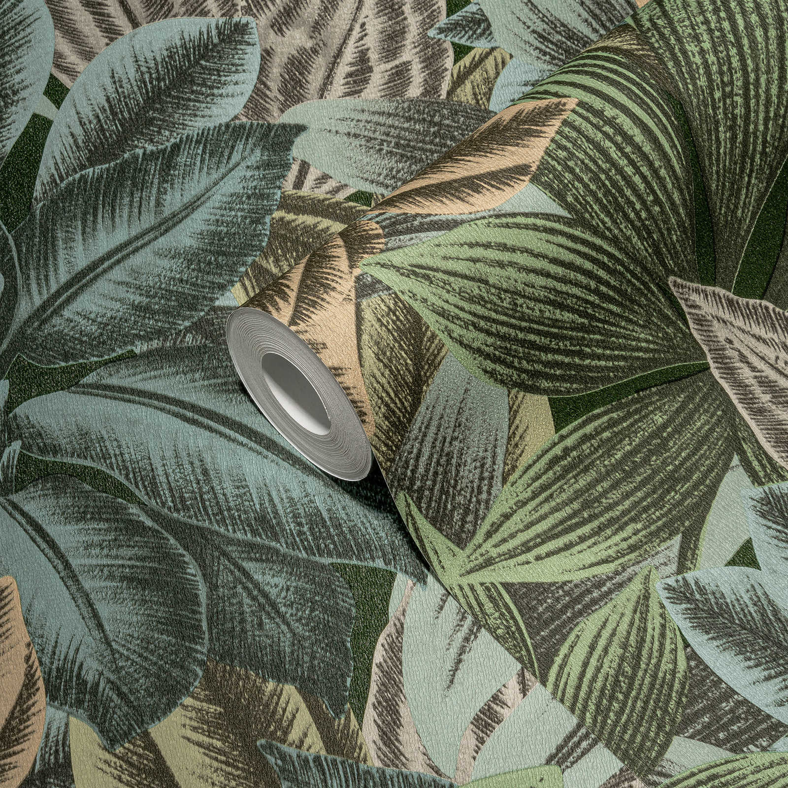             Blattmuster Tapete mit tropischen Look – Grün, Blau, Grau
        