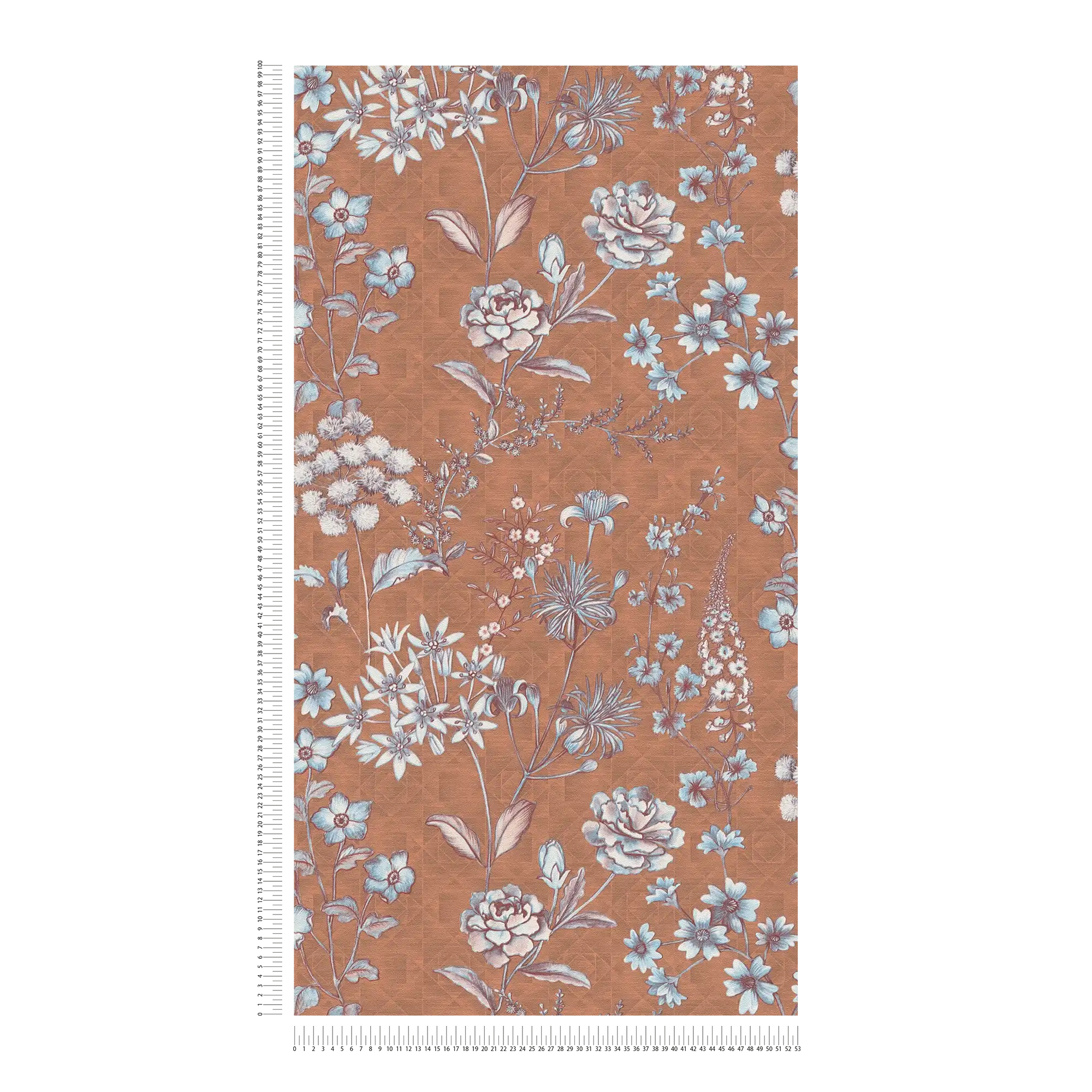             Vintage Blumentapete mit floralem Muster – Orange, Braun, Hellblau
        