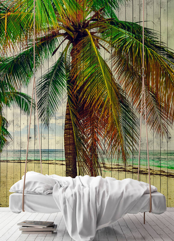             Tahiti 3 - Palmen Fototapete mit Urlaubsfeeling - Holzpaneele Struktur – Beige, Blau | Mattes Glattvlies
        