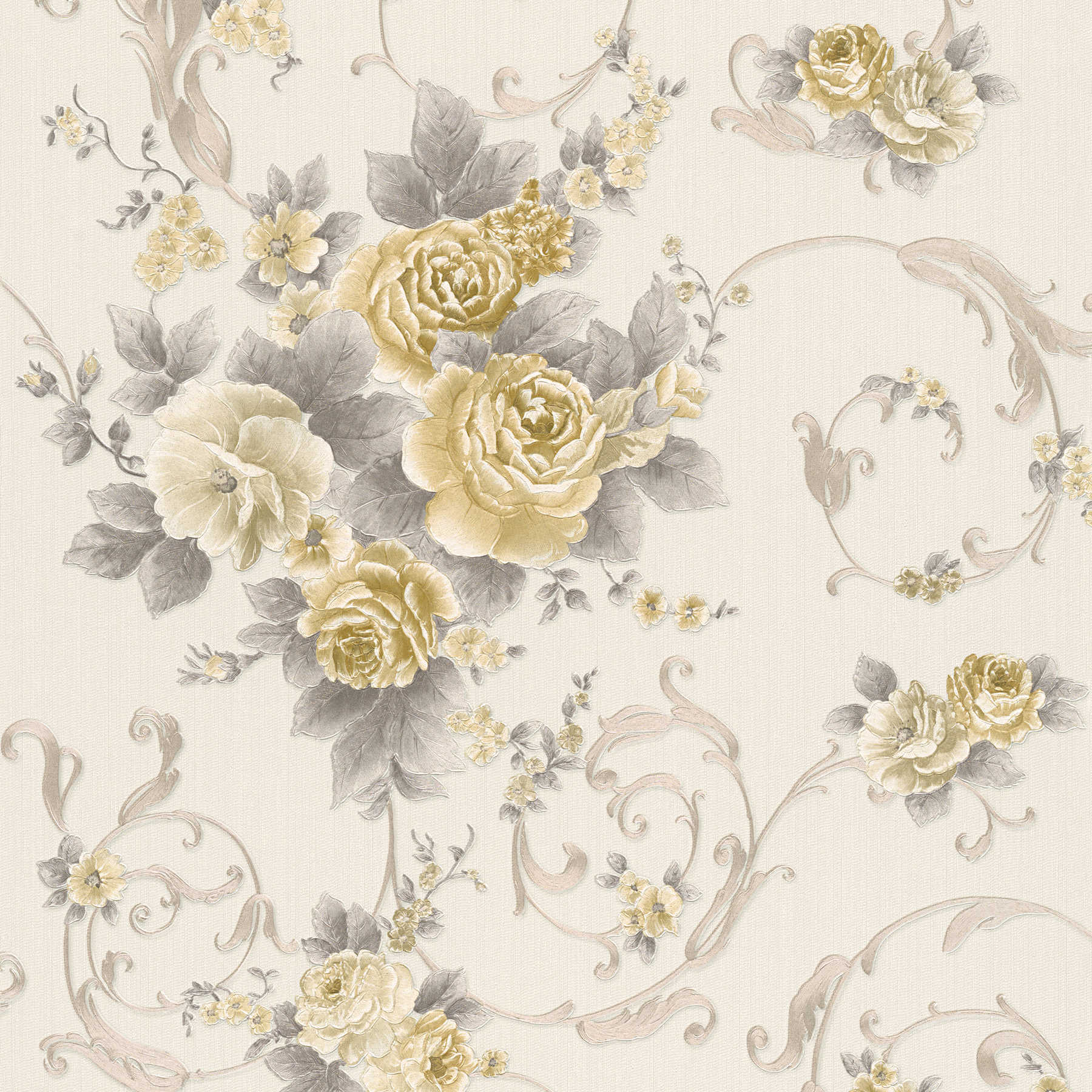 Rosenblüten-Tapete mit Metallic-Effekt im Landhausstil – Grau, Gold, Weiß
