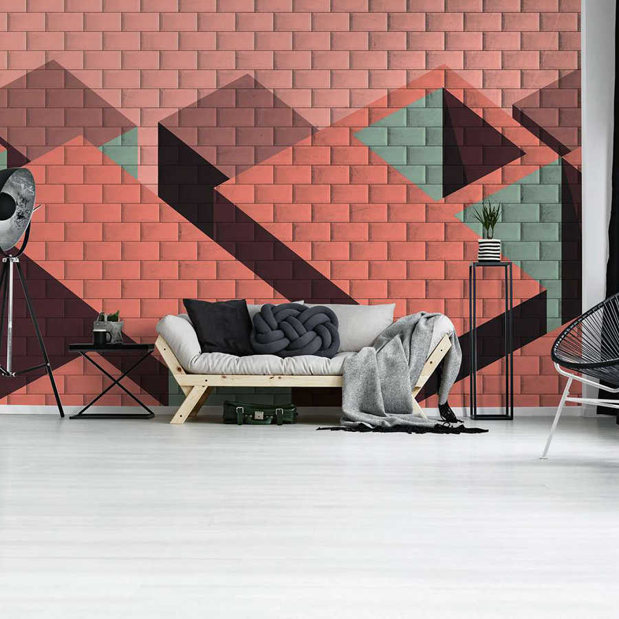 Fototapete Ziegelsteinmauer mit Block-Bemalung – Rot, Pink, Grün
