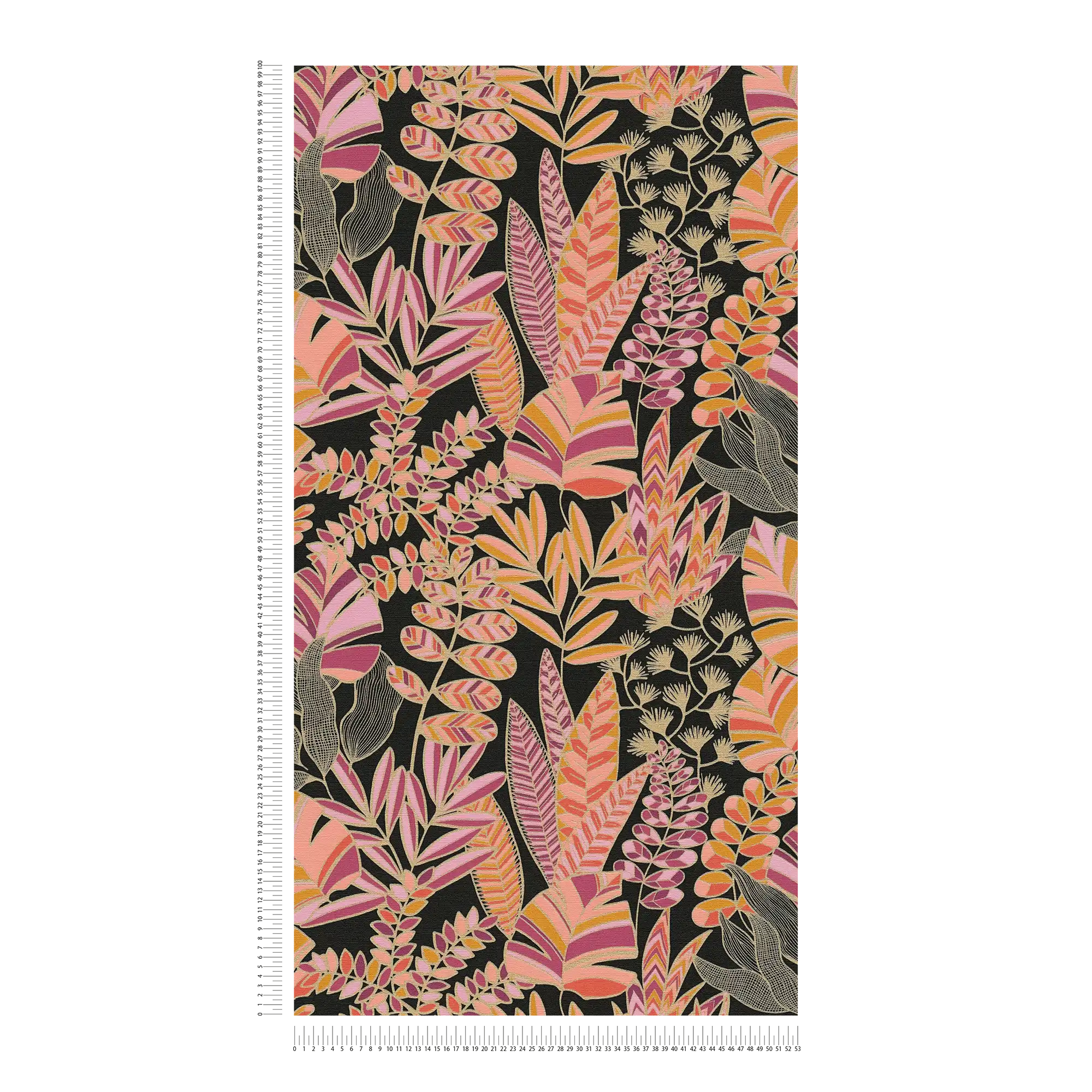             Vliestapete im auffälligen Stil mit großen Blättern – Schwarz, Pink, Orange
        