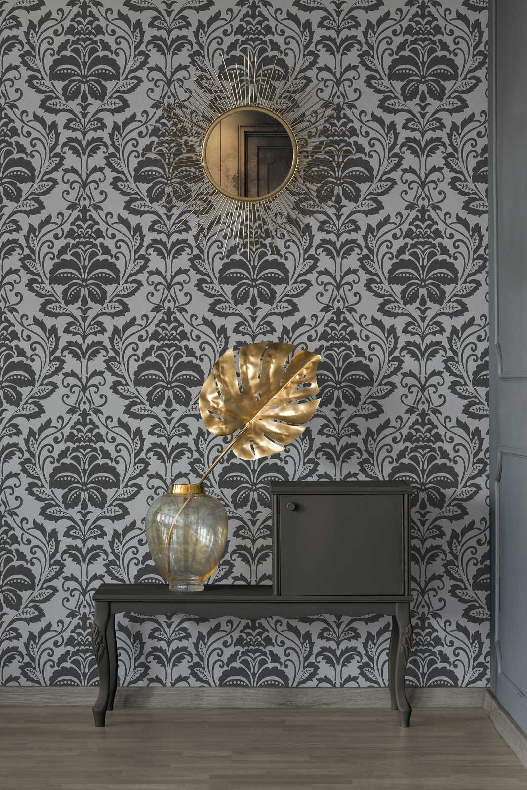             Neo-Klassik Ornament Tapete, floral – Grau, Schwarz
        