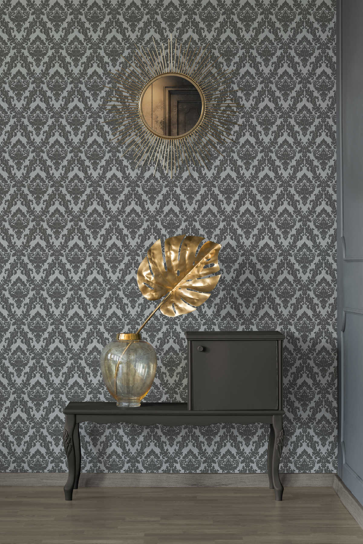             Ornament Tapete mit Flock & Seidenglanz – Grau
        