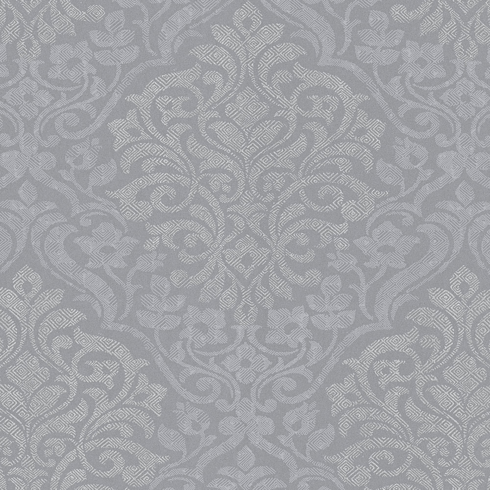             Florale Ornamenttapete Rautenmuster im Ethno-Stil – Grau, Silber
        