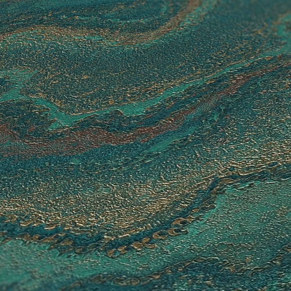             Vliestapete mit marmorierter Optik – Grün, Petrol, Gold
        
