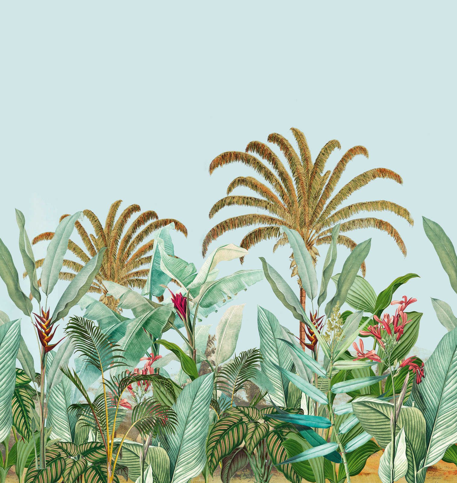             Vliestapete mit Dschungelmotiv in kräftigen Farben – Blau, Grün, Pink
        