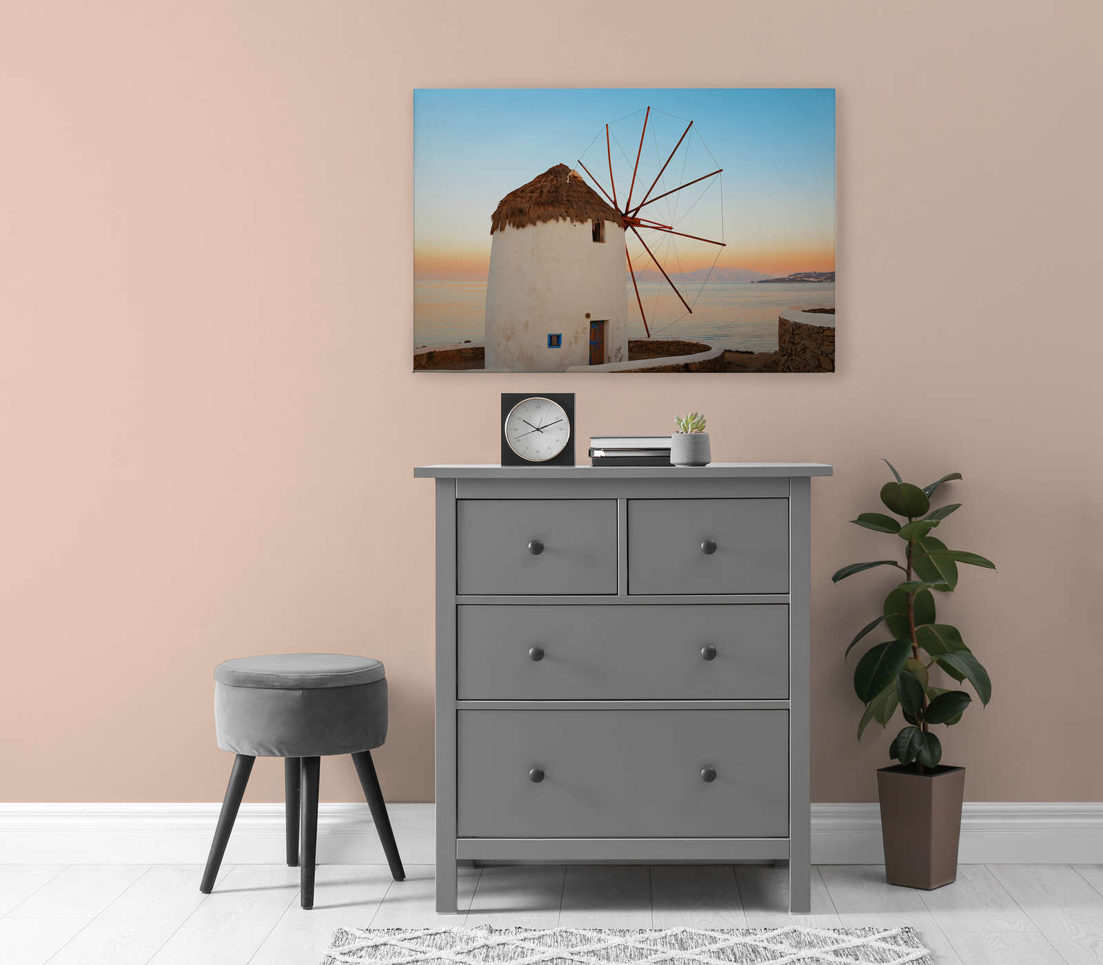             Leinwandbild griechische Windmühle an der Küste – 0,90 m x 0,60 m
        