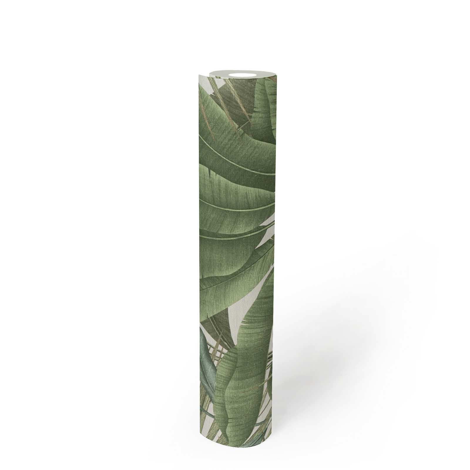             Florale Dschungeltapete leicht strukturiert mit großen Blättern – Grün, Weiß, Beige
        