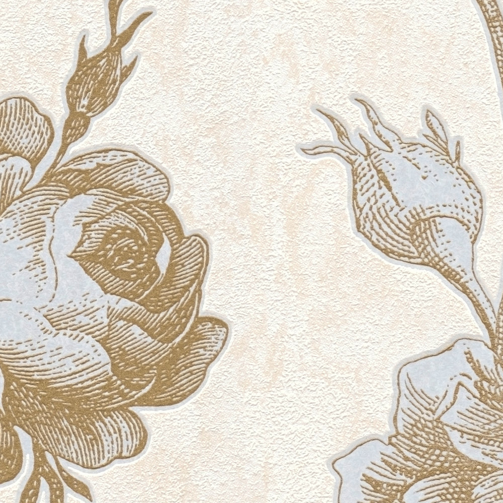             Vintage Tapete mit Rosen Muster im Grafikstil – Metallic, Creme
        