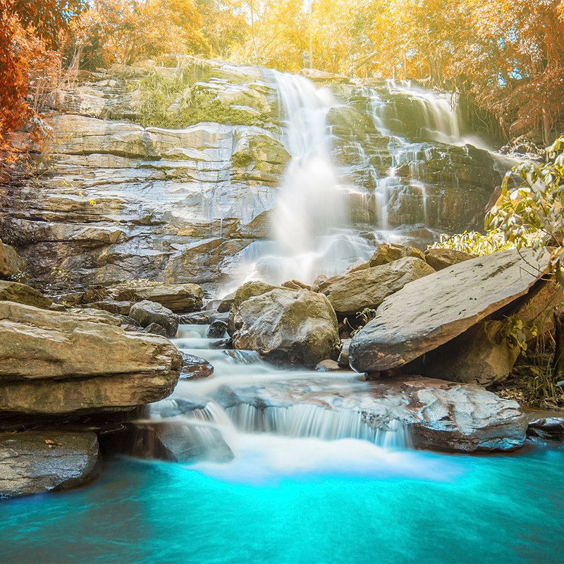         Idyllischer Wald mit Wasserfall – Blau, Grau, Orange
    
