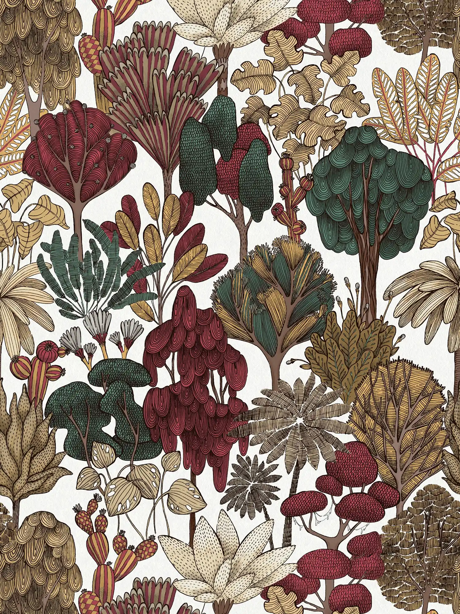         Moderne Tapete floral mit Bäumen im Zeichenstil – Rot, Beige, Braun
    