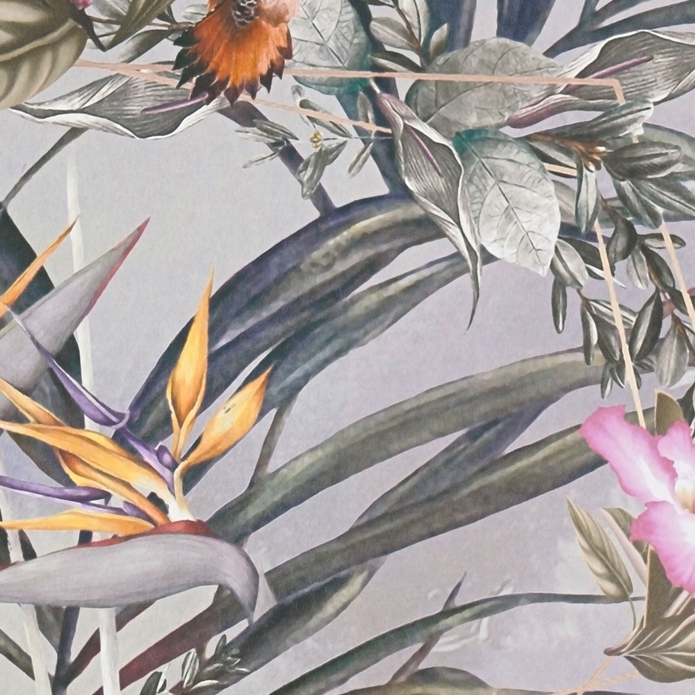             Blumen Tapete exotische Blüten & Vögel – Grau, Grün, Rosa
        
