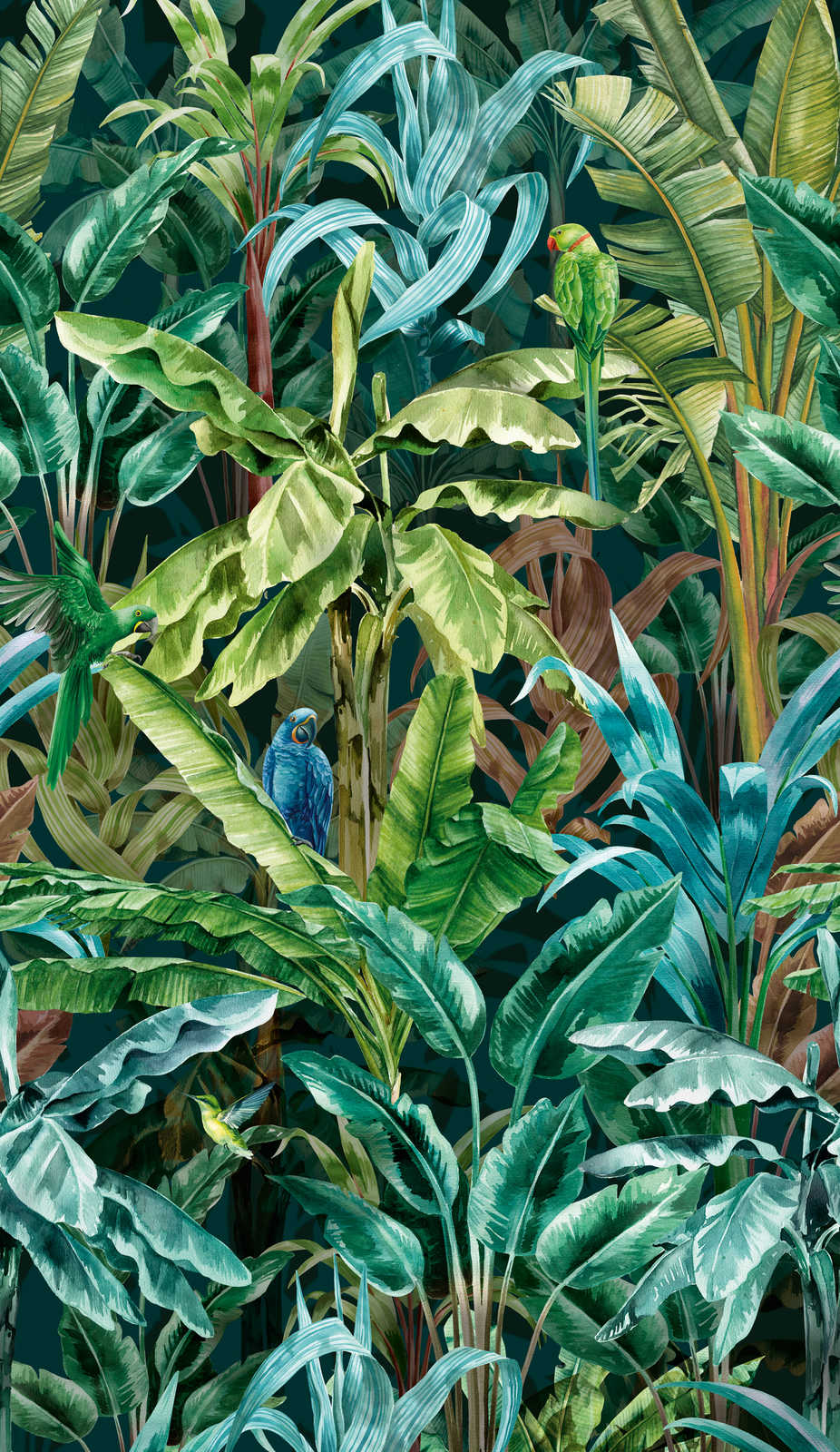             Vliestapete mit knalligem Dschungelmuster – Grün, Blau, Braun
        
