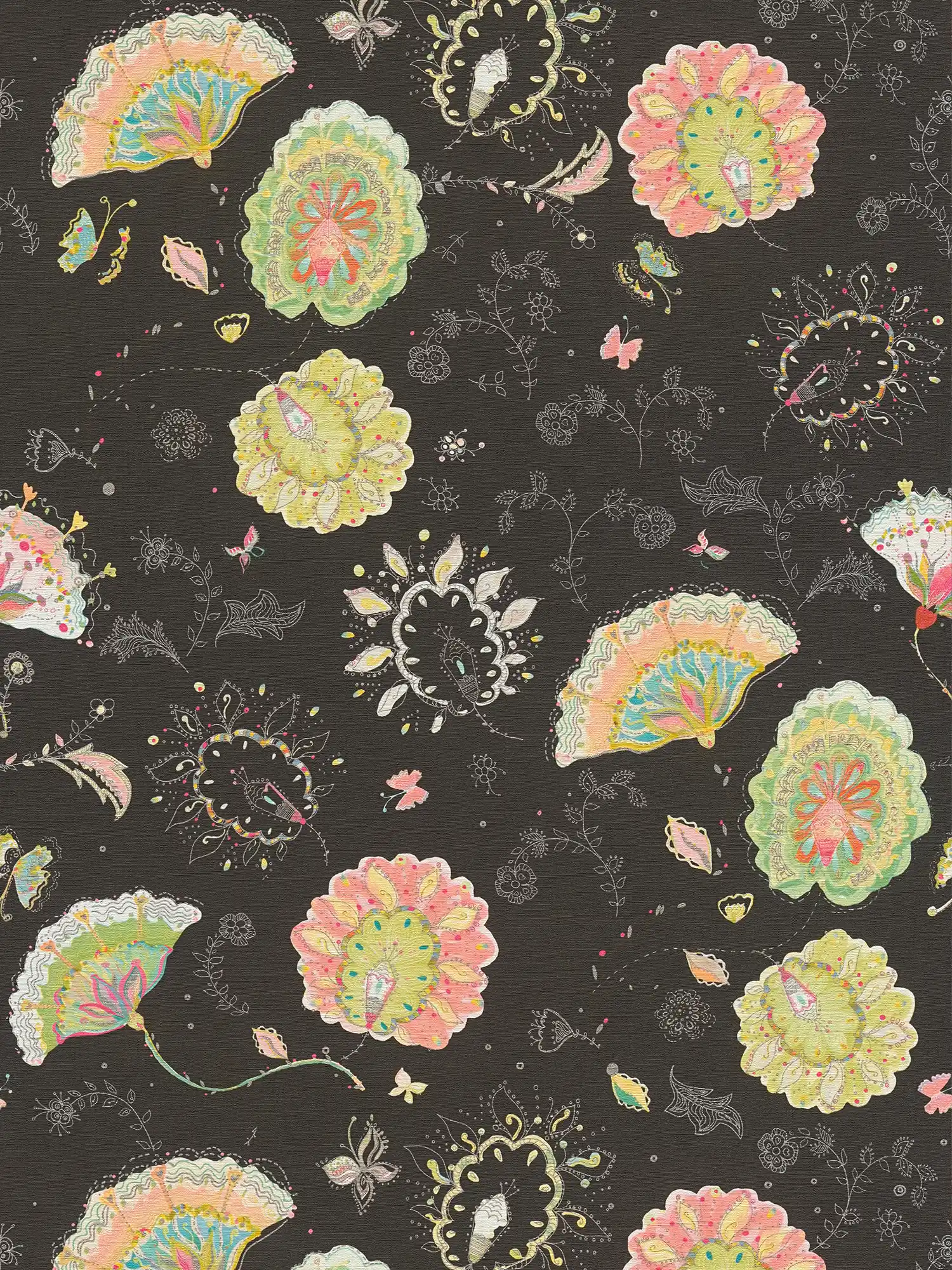 Vliestapete mit floralem Muster und leichter Glanzstruktur – Schwarz, Grün, Bunt
