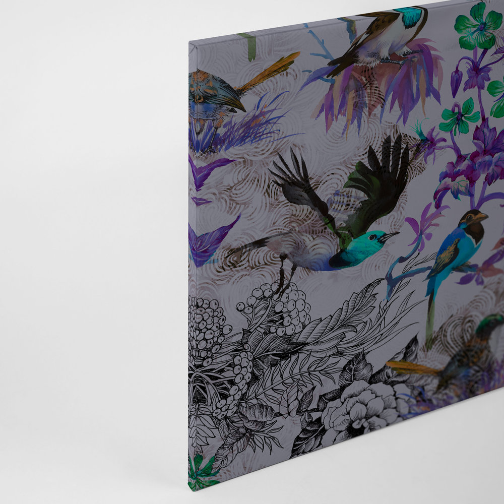             Violettes Leinwandbild mit Blumen & Vögeln – 0,90 m x 0,60 m
        