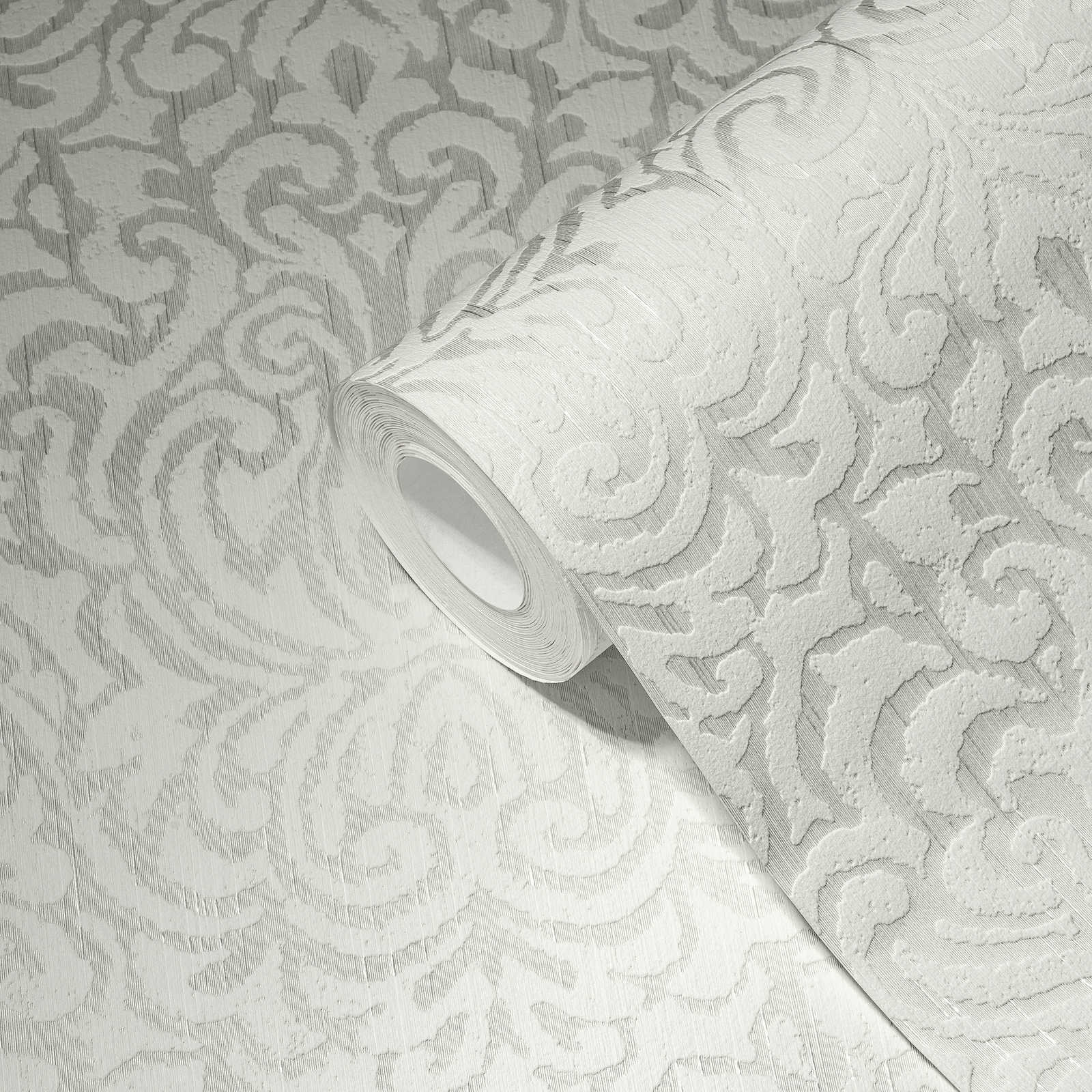             Tapete mit Ornamentmuster und Struktureffekt – Weiß
        