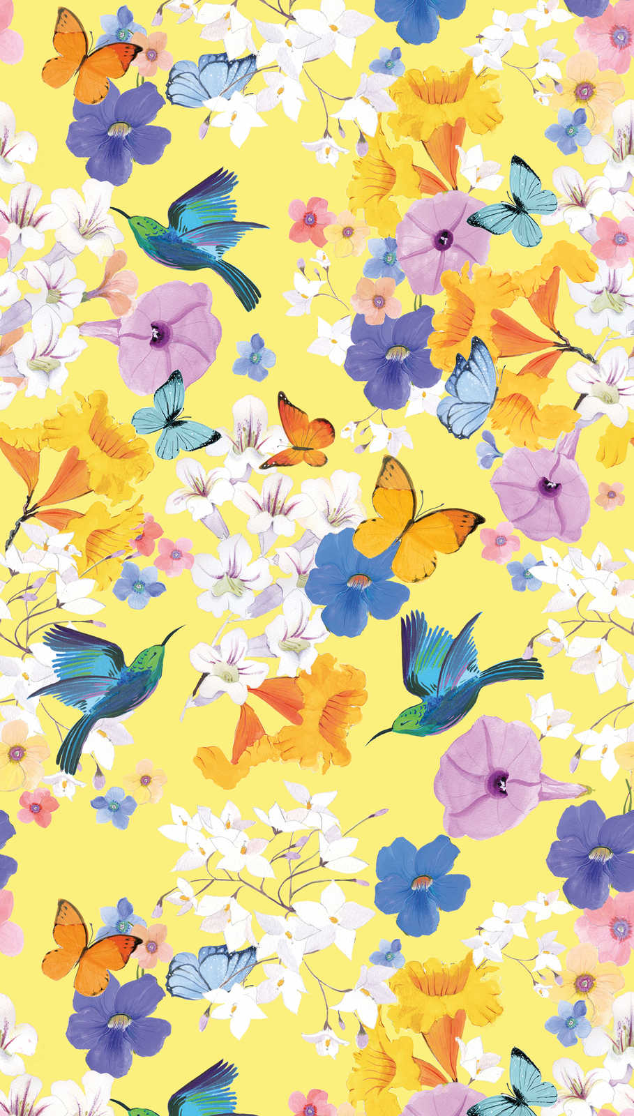            Blumen Tapete mit Schmetterlingen und Vögeln – Bunt, Gelb, Blau
        